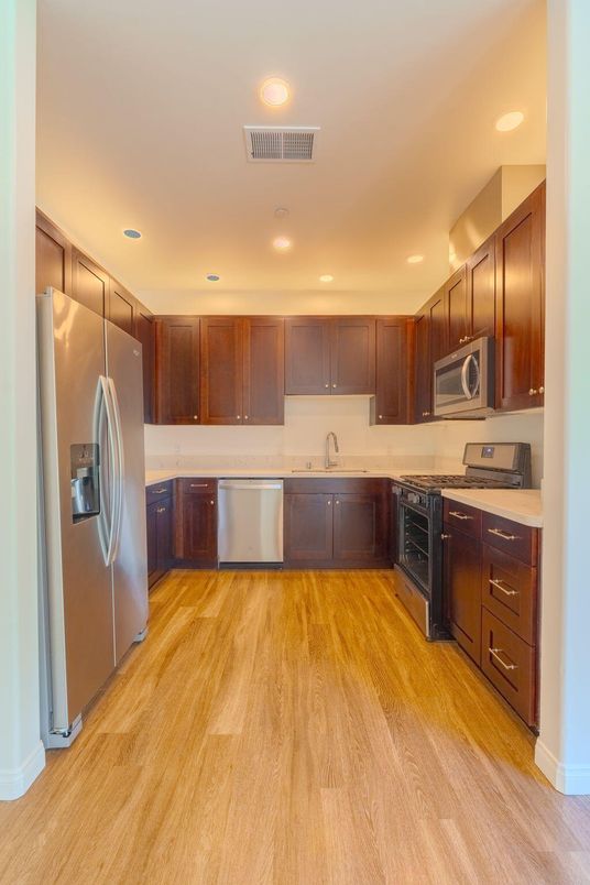 Interior, Kitchen, Recessed Lighting, Stainless Steel Appliances, Wood Texture Flooring