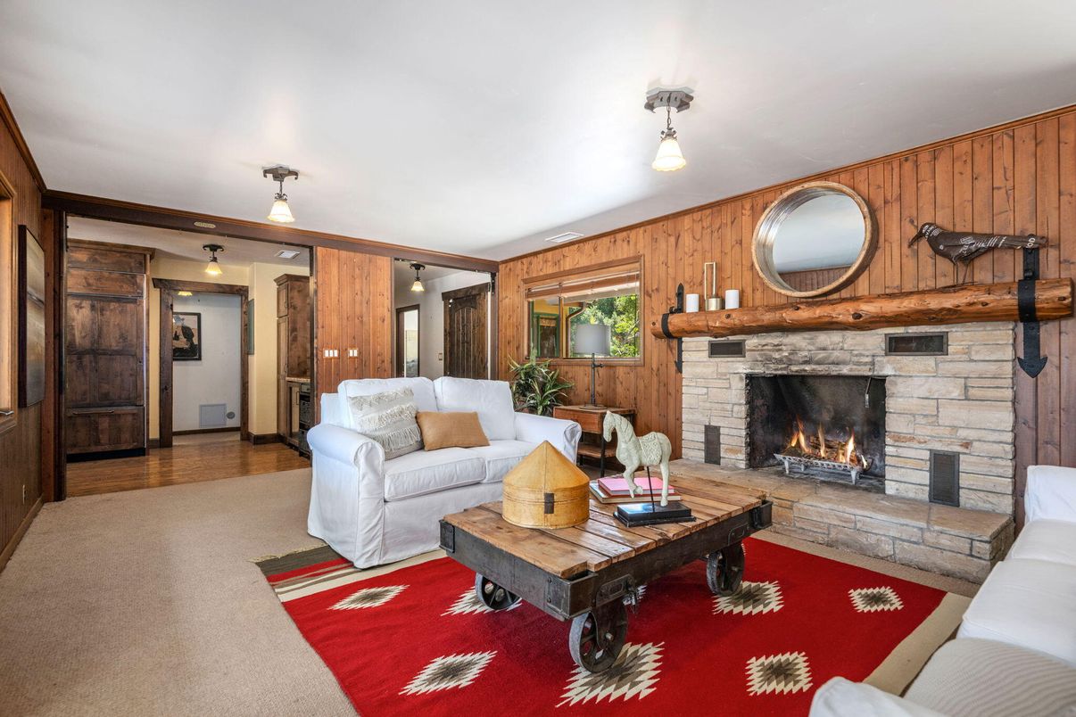 Fireplace, Interior, Living room, Pendant Lights, Wooden Walls