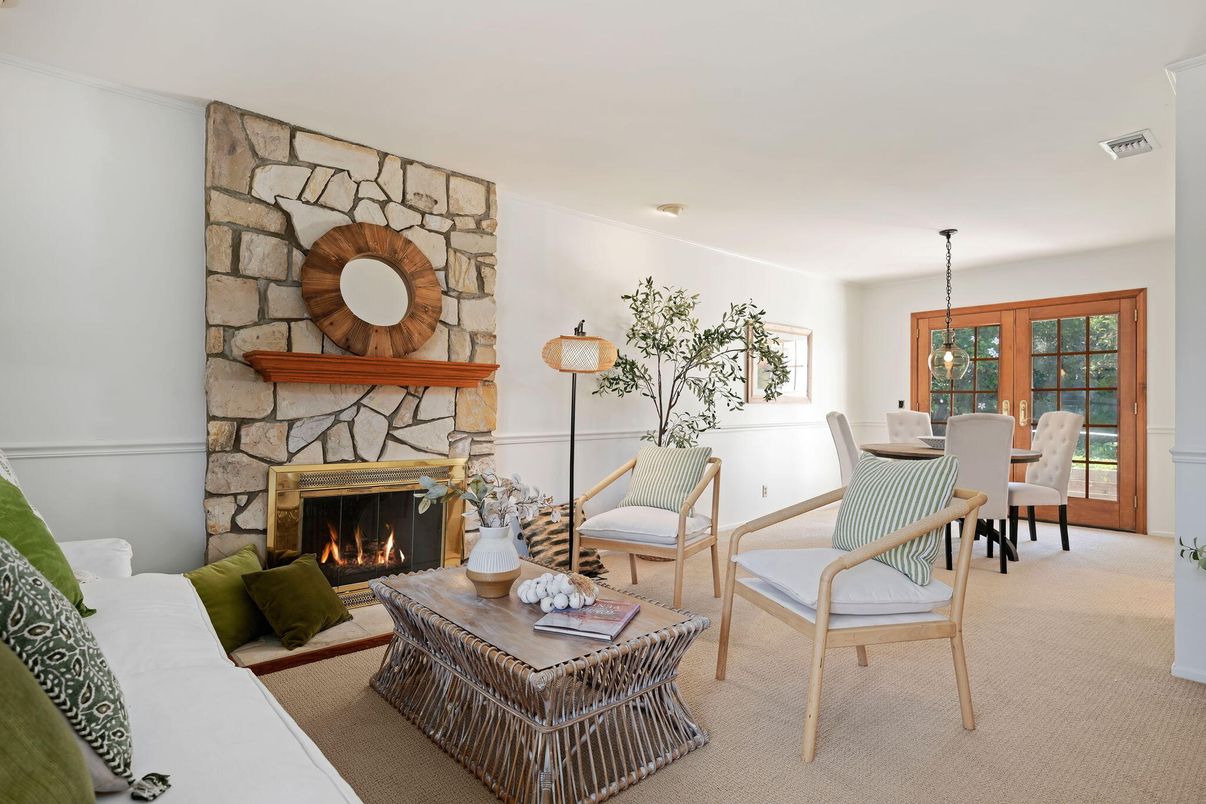 Dining room, Fireplace, Interior, Living room, Pendant Lights, Stone Walls