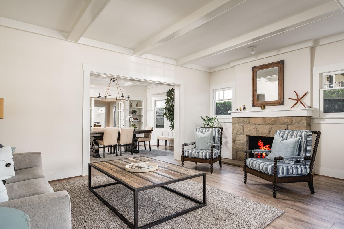Dining room, Fireplace, Interior, Living room, Pendant Lights, Wood Texture Flooring