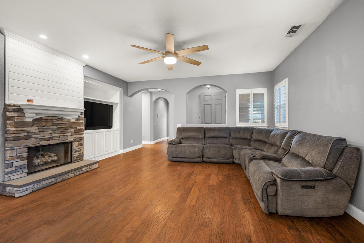 Fireplace, Interior, Living room, Recessed Lighting, Wood Texture Flooring