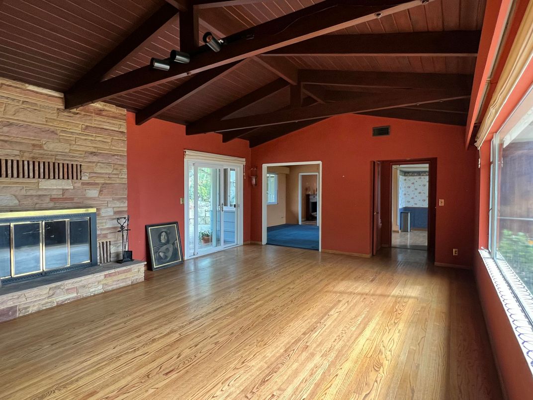 Empty room, Fireplace, Interior, Wooden Beams, Wooden Ceilings, Wood Texture Flooring, Wooden Walls