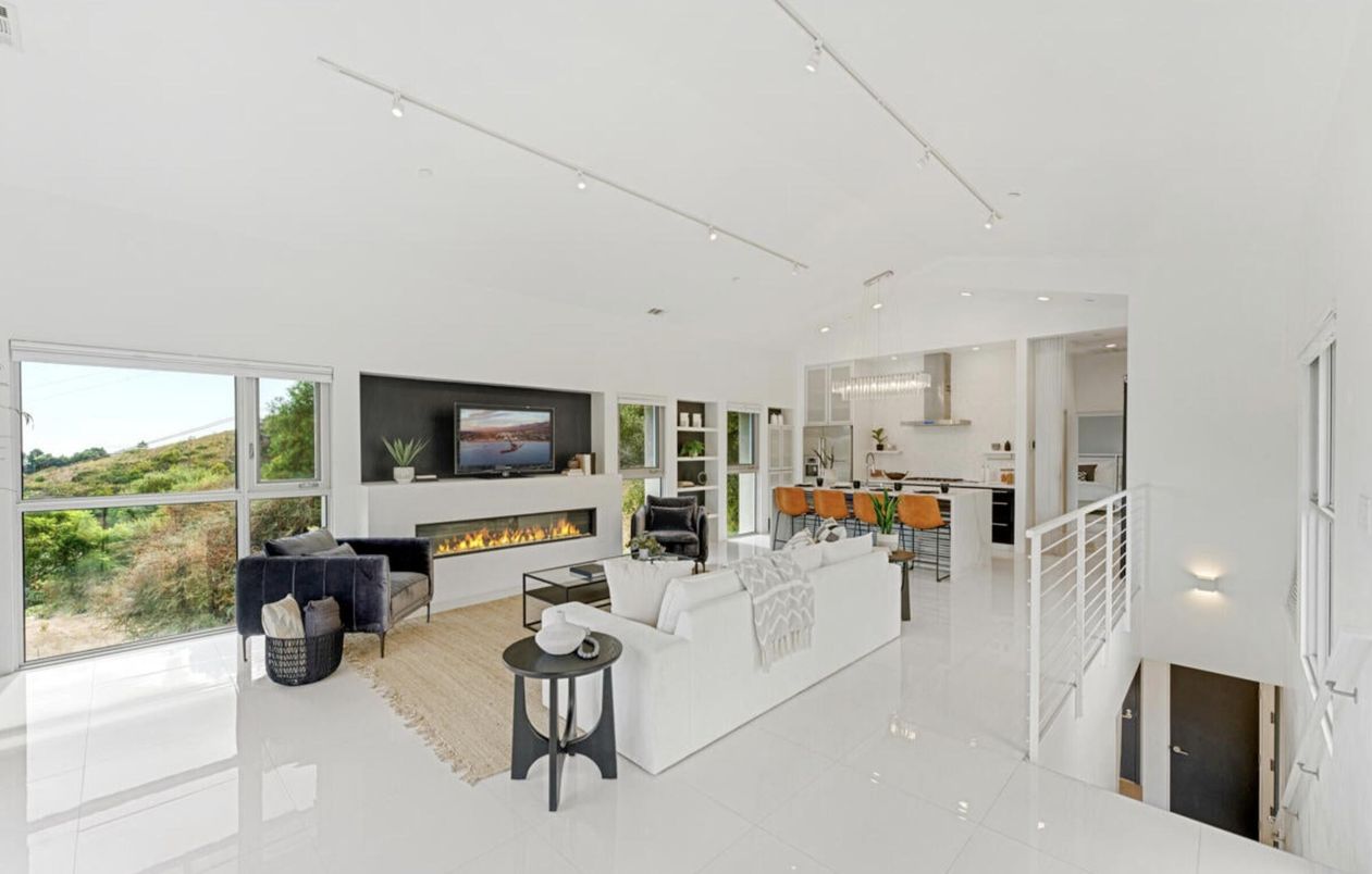 Fireplace, Interior, Kitchen, Living room, Pendant Lights, Recessed Lighting