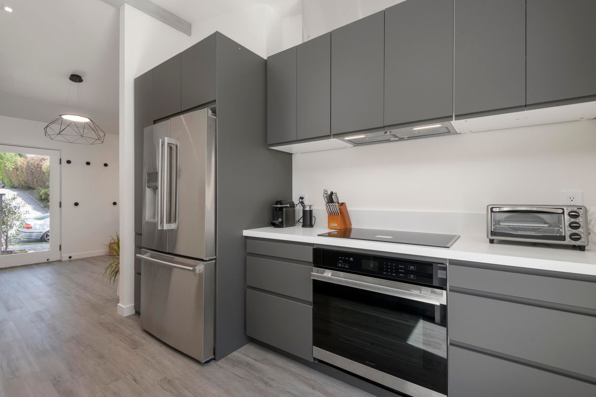 Interior, Kitchen, Pendant Lights, Stainless Steel Appliances, Wood Texture Flooring