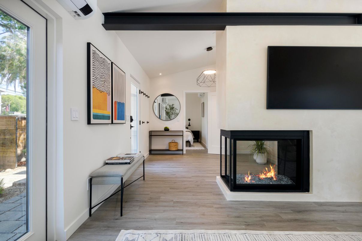 Fireplace, Interior, Pendant Lights, Wood Texture Flooring