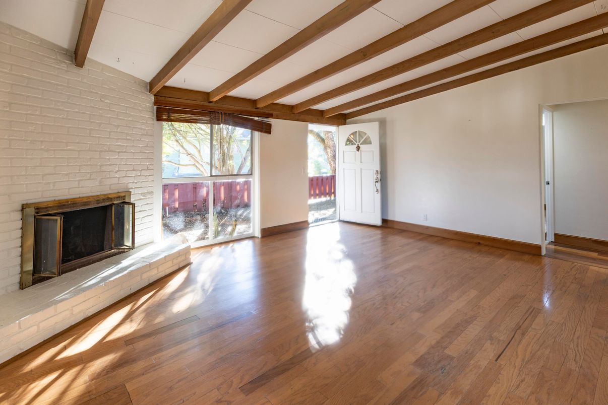Empty room, Fireplace, Interior, Wooden Beams, Wood Texture Flooring