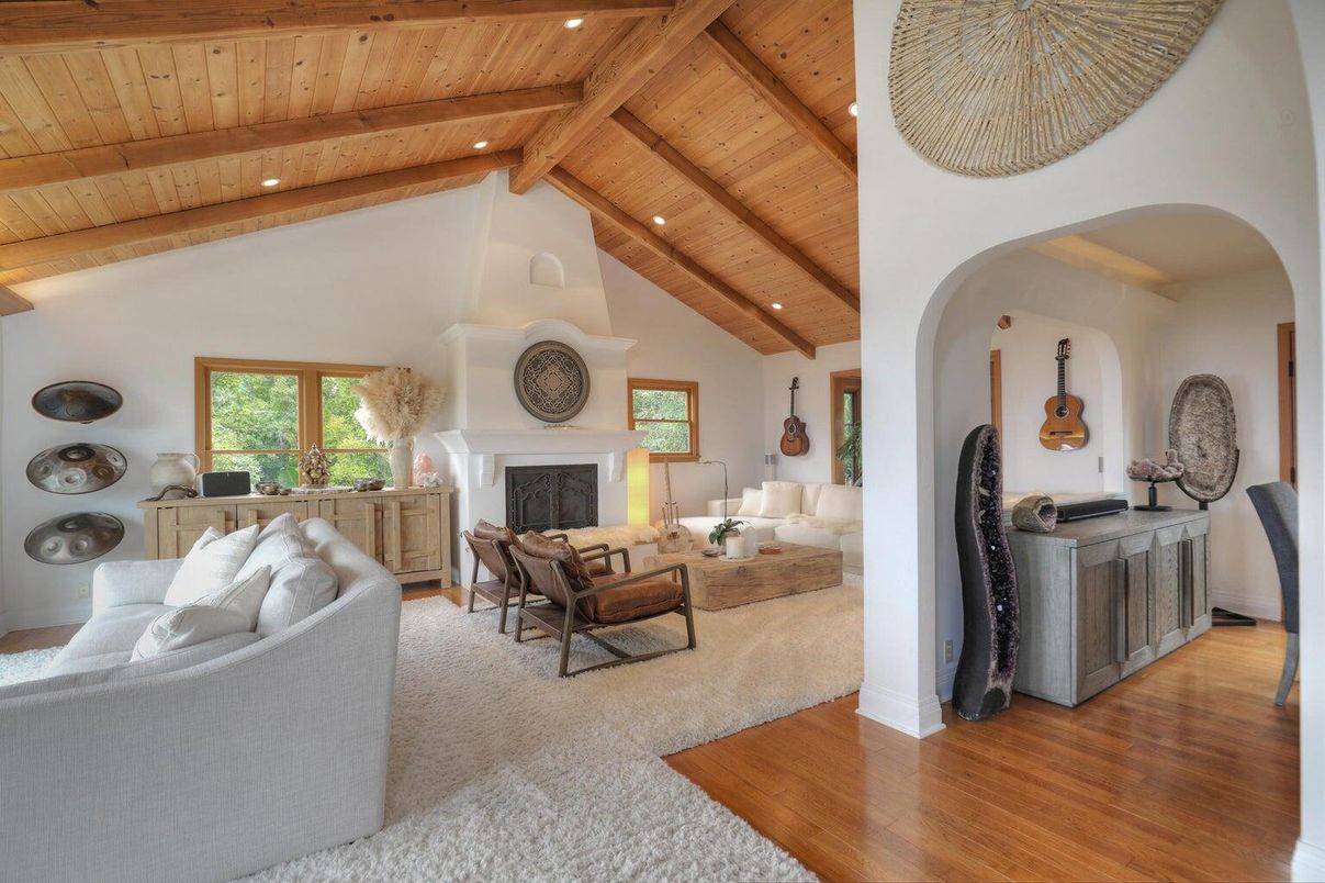 Fireplace, Interior, Living room, Recessed Lighting, Wooden Beams, Wooden Ceilings, Wood Texture Flooring