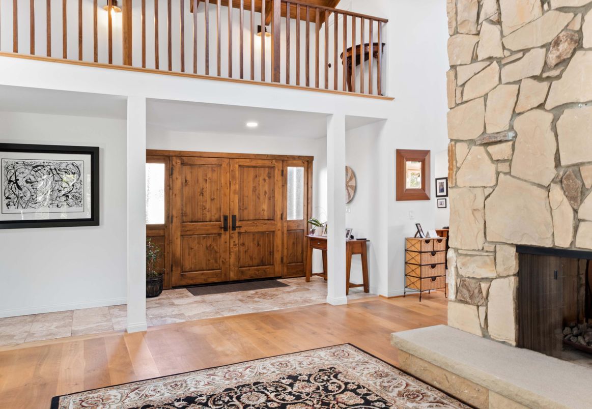 Fireplace, Interior, Recessed Lighting, Stone Walls, Wood Texture Flooring