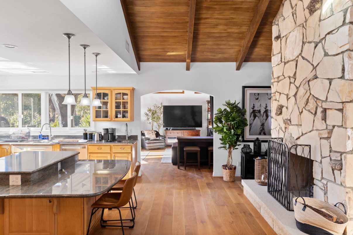 Dining room, Fireplace, Interior, Kitchen, Pendant Lights, Recessed Lighting, Stone Walls, Wooden Beams, Wooden Ceilings, Wood Texture Flooring