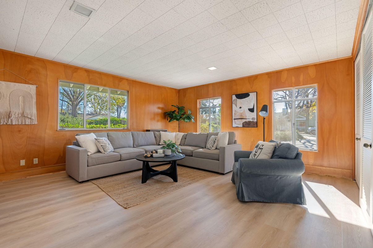 Interior, Living room, Recessed Lighting, Wood Texture Flooring, Wooden Walls