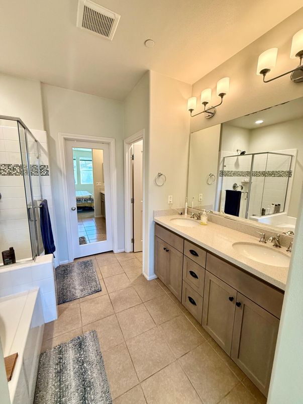 Bathroom, Dual Sink Vanities, Glass Shower, Interior, Recessed Lighting