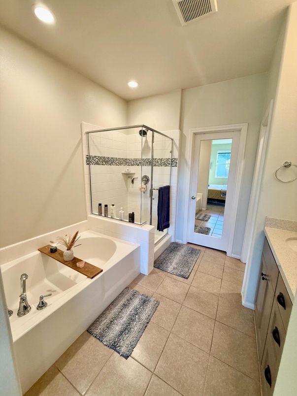 Bathroom, Dual Sink Vanities, Glass Shower, Interior, Recessed Lighting