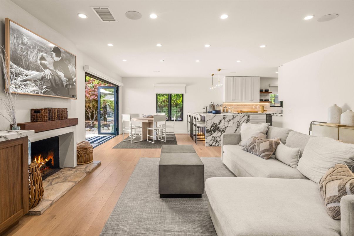 Dining room, Fireplace, Interior, Kitchen, Living room, Pendant Lights, Recessed Lighting, Wood Texture Flooring