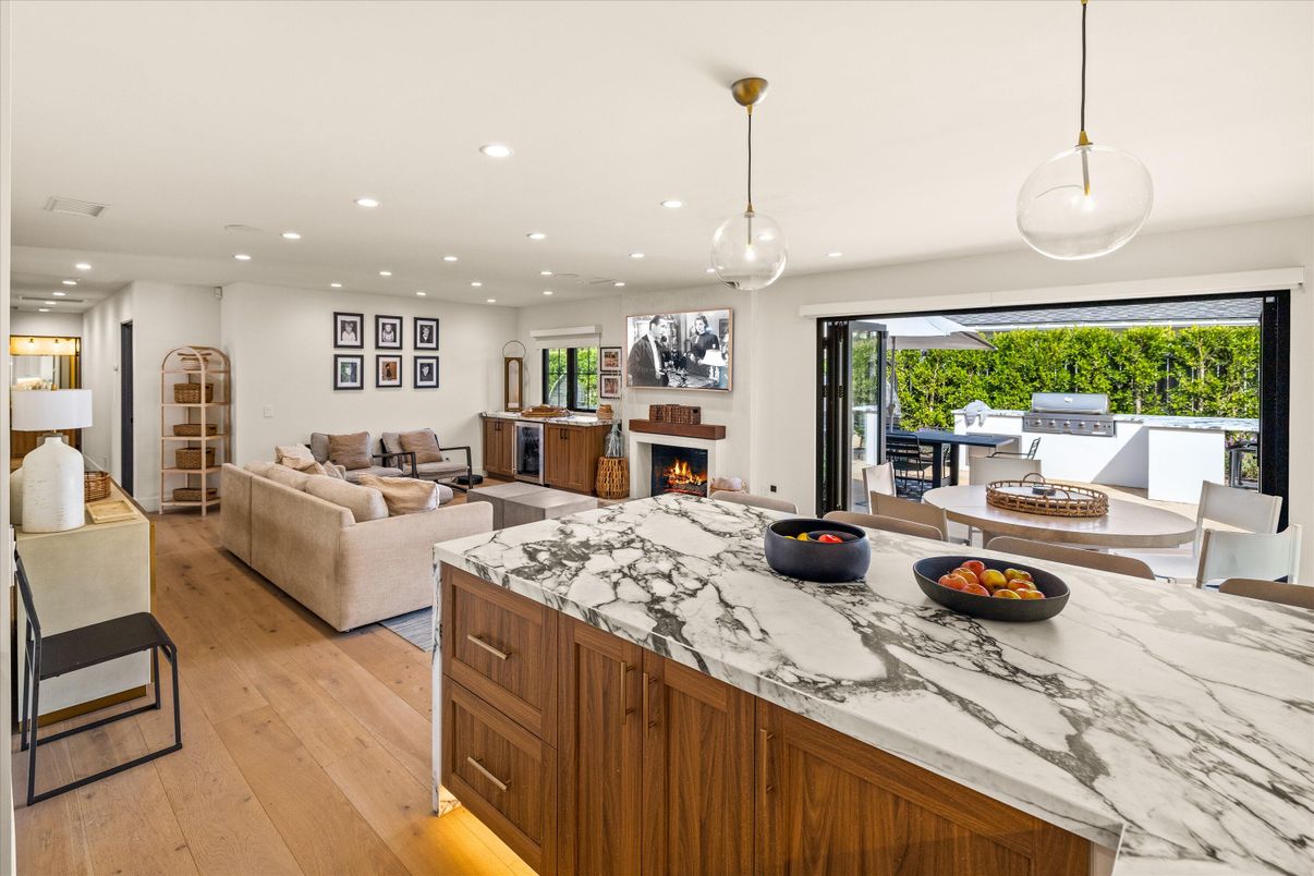 Dining room, Fireplace, Interior, Kitchen, Living room, Pendant Lights, Recessed Lighting, Wood Texture Flooring
