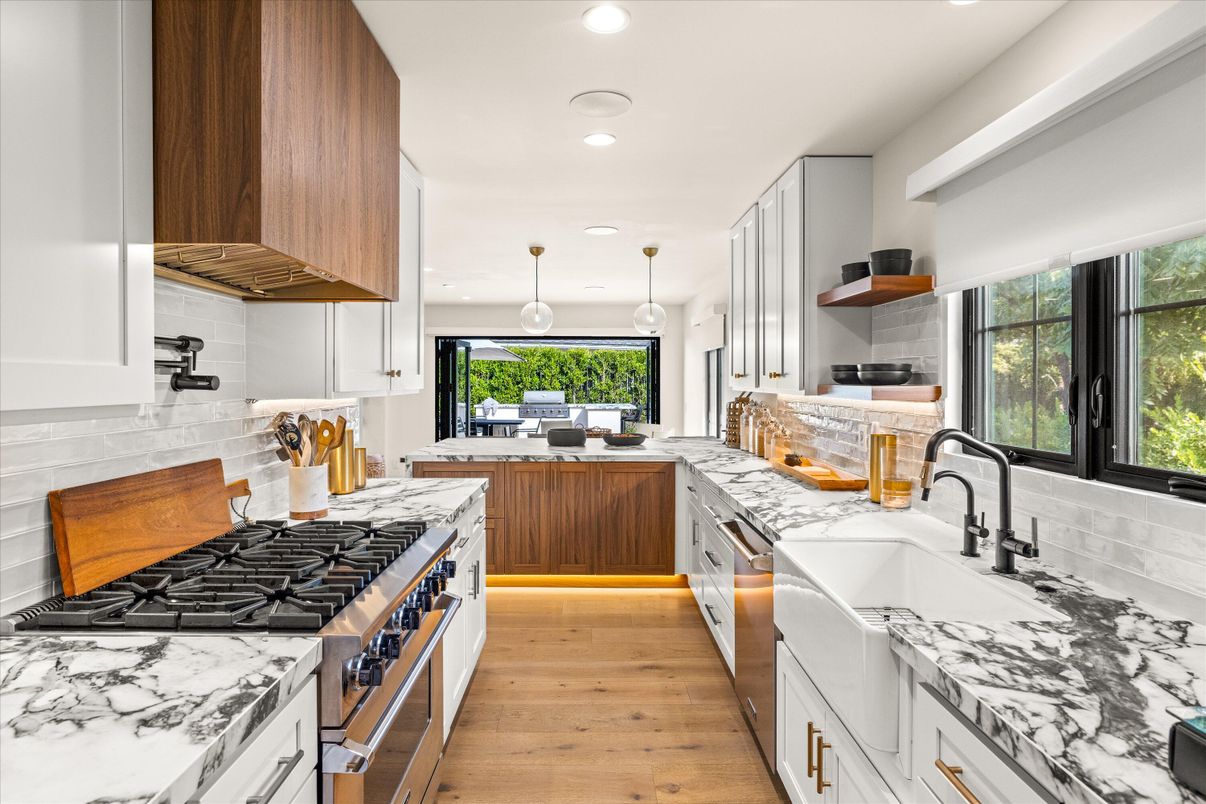 Interior, Kitchen, Pendant Lights, Recessed Lighting, Stainless Steel Appliances, Wood Texture Flooring