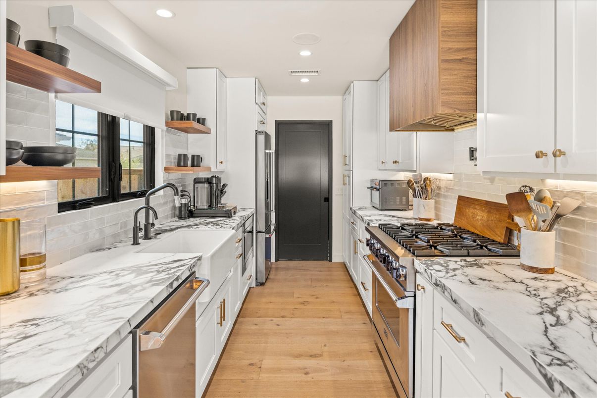 Interior, Kitchen, Recessed Lighting, Stainless Steel Appliances, Wood Texture Flooring