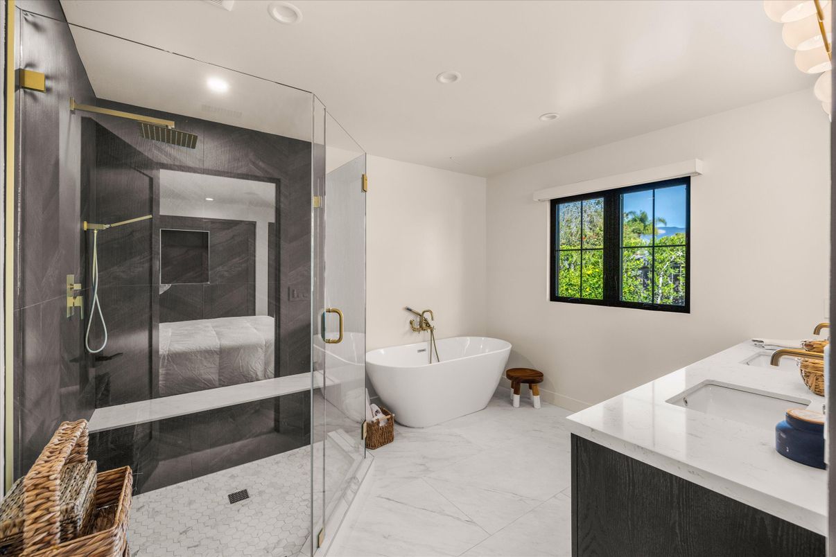 Bathroom, Dual Sink Vanities, Free Standing Baths, Glass Shower, Interior, Marble, Recessed Lighting