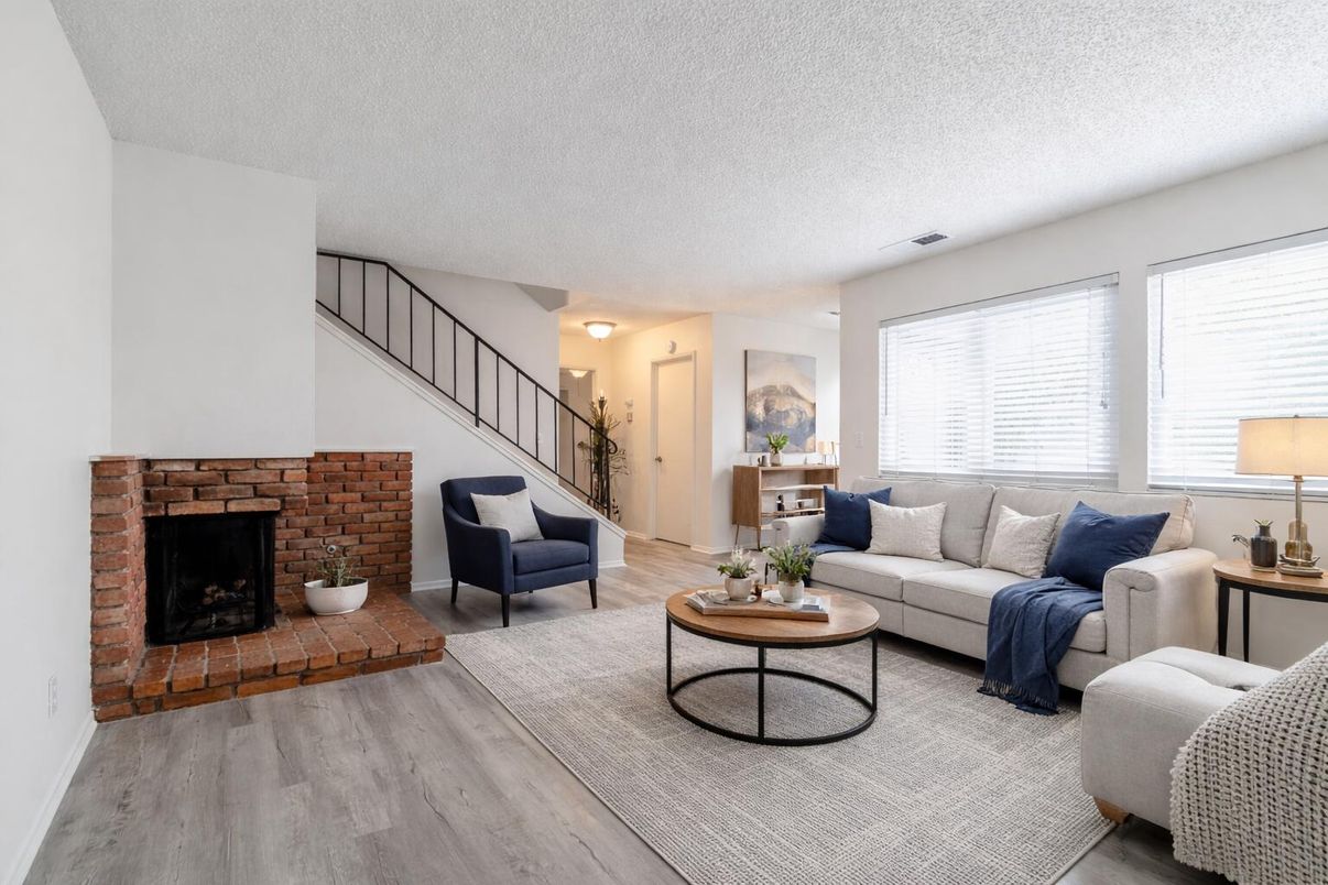 Fireplace, Interior, Living room, Stone Walls, Wood Texture Flooring