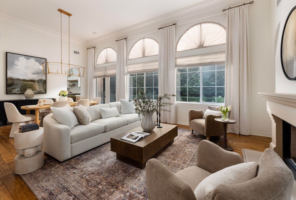 Dining room, Fireplace, Interior, Living room, Pendant Lights, Wood Texture Flooring