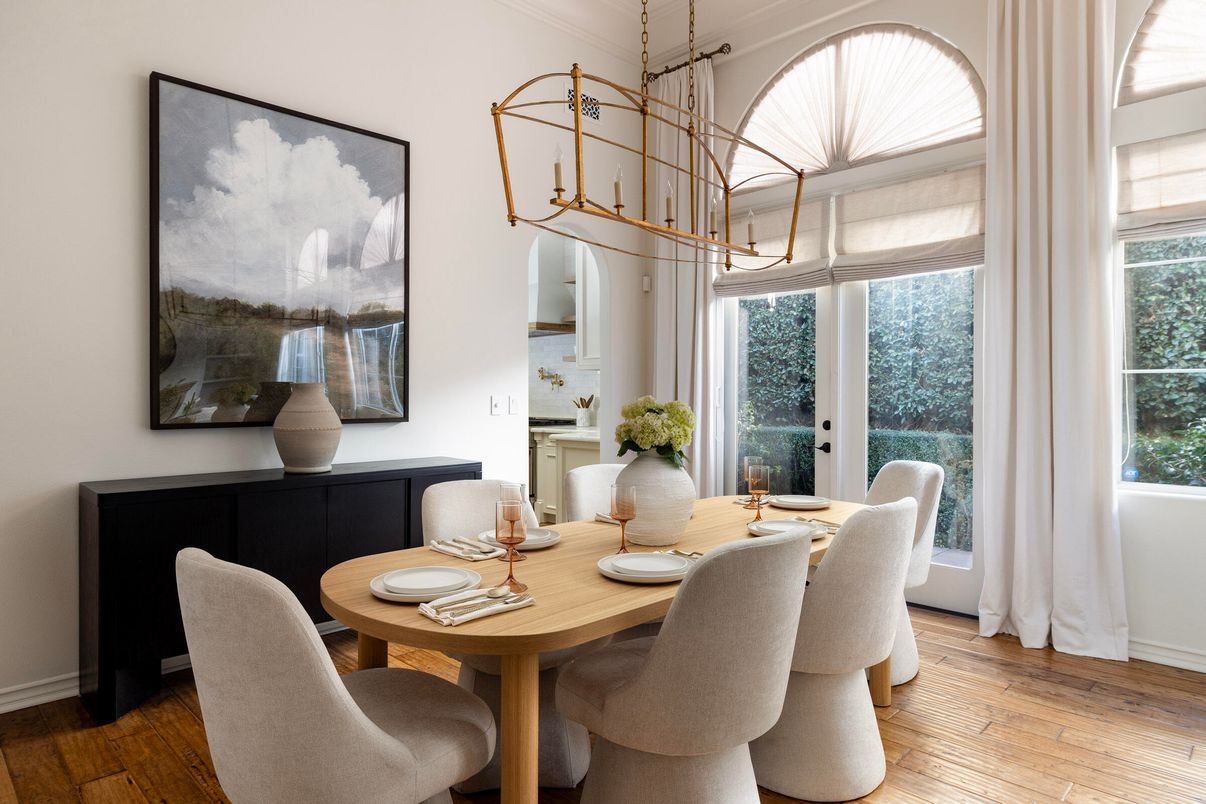 Dining room, Interior, Pendant Lights, Wood Texture Flooring
