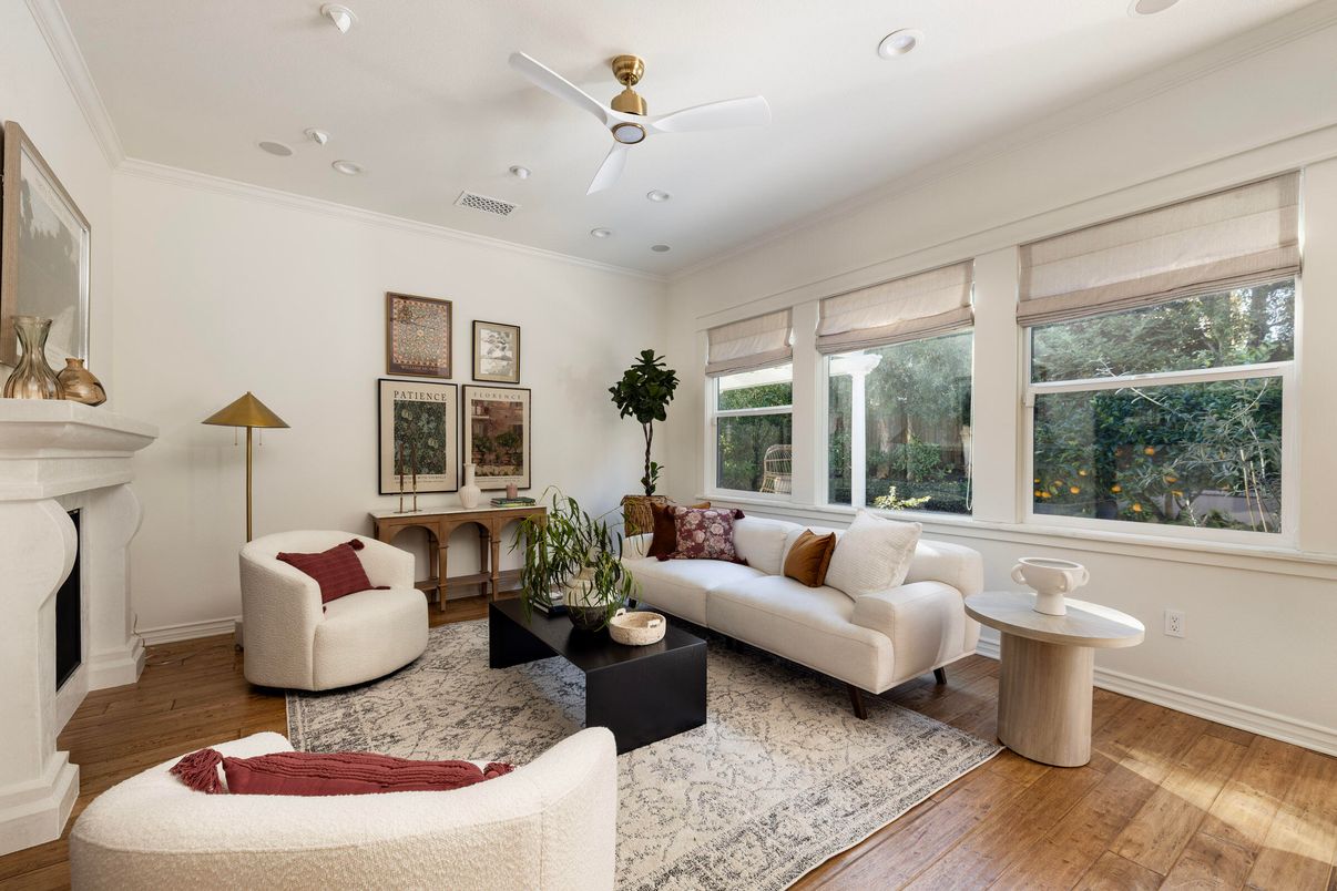 Fireplace, Interior, Living room, Recessed Lighting, Wood Texture Flooring