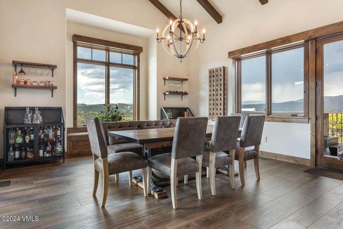 Chandelier, Dining room, Interior, Water, Wooden Beams, Wood Texture Flooring