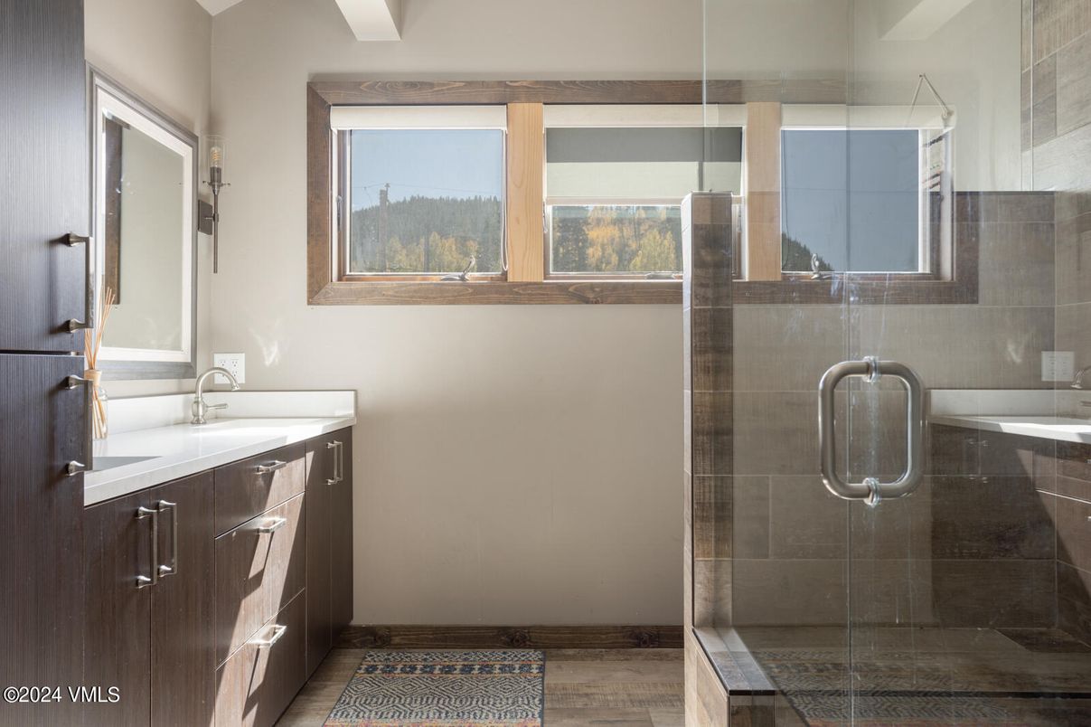 Bathroom, Glass Shower, Interior, Wood Texture Flooring