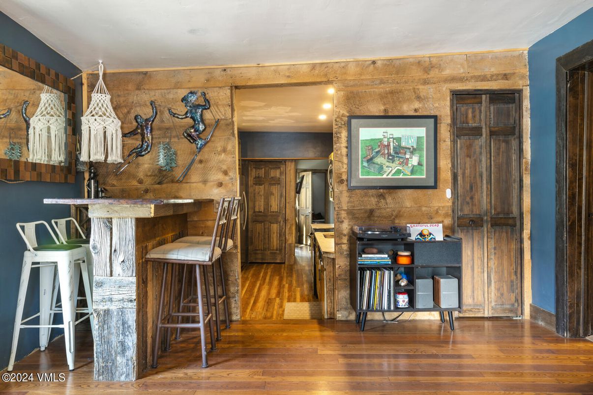 Interior, Kitchen, Recessed Lighting, Wood Texture Flooring, Wooden Walls