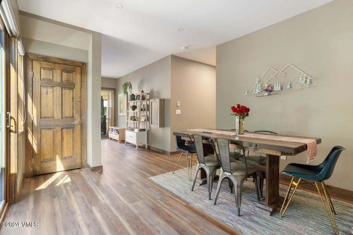 Dining room, Interior, Recessed Lighting, Wood Texture Flooring