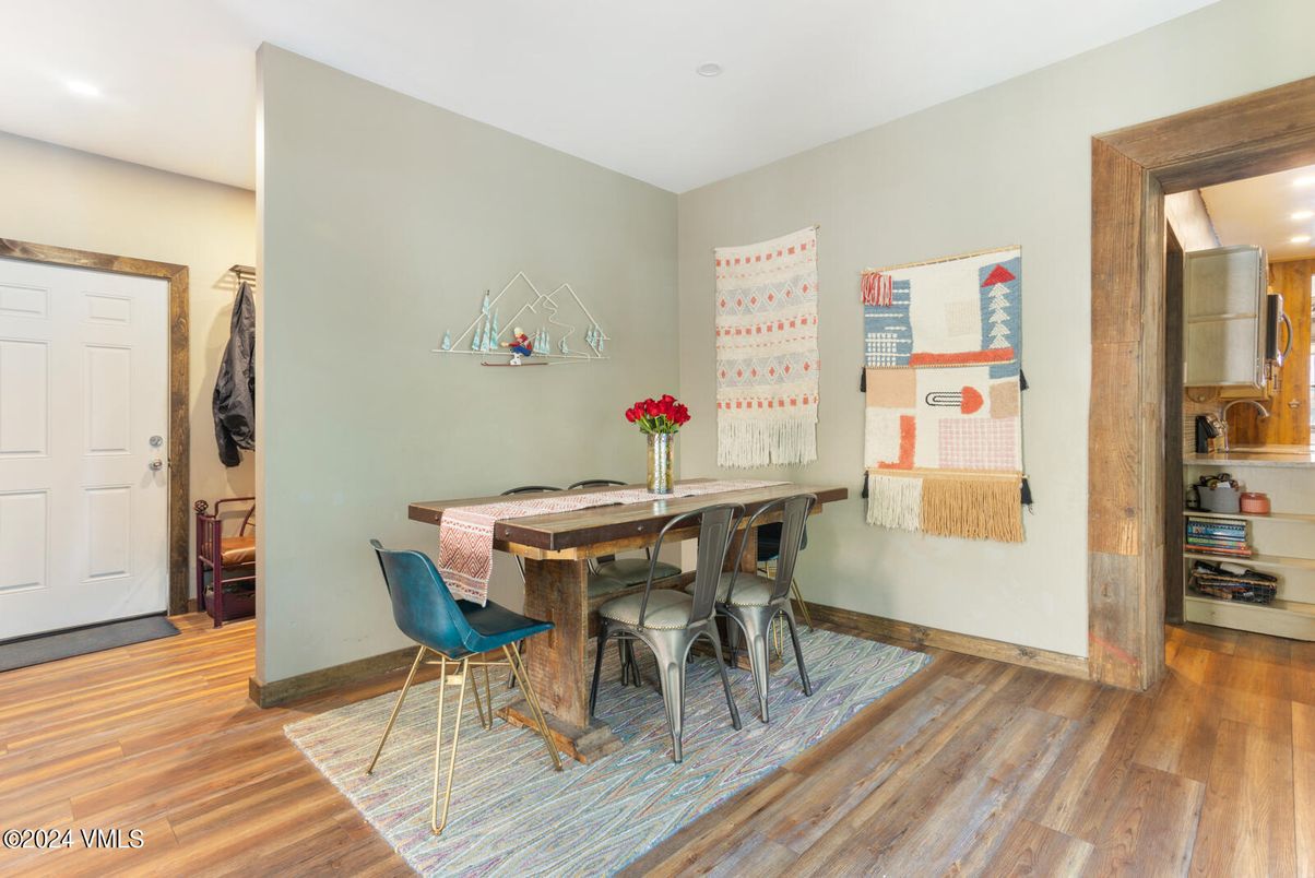 Dining room, Interior, Recessed Lighting, Wood Texture Flooring