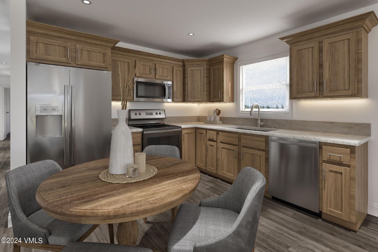 Dining room, Interior, Kitchen, Recessed Lighting, Stainless Steel Appliances, Wood Texture Flooring