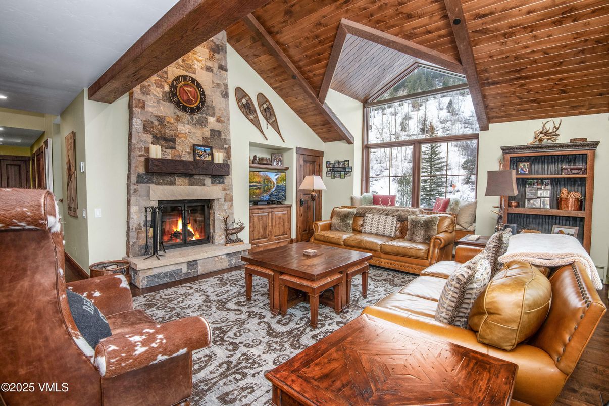 Fireplace, Interior, Living room, Recessed Lighting, Stone Walls, Wooden Beams, Wooden Ceilings