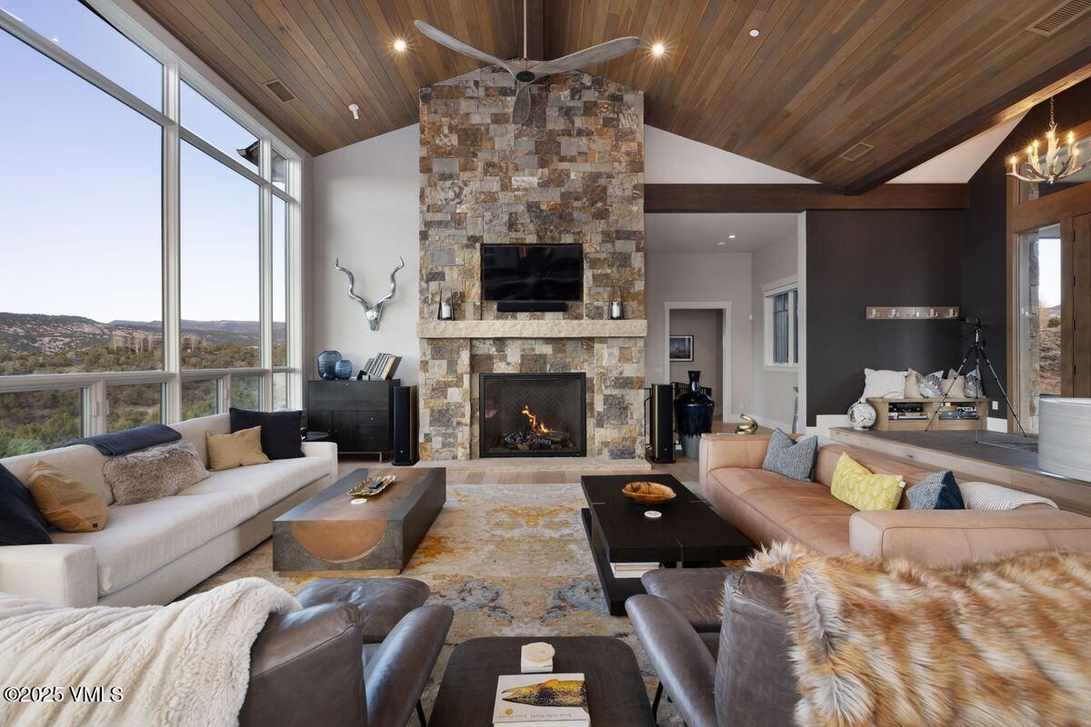 Fireplace, Interior, Living room, Recessed Lighting, Stone Walls, Wooden Beams, Wooden Ceilings
