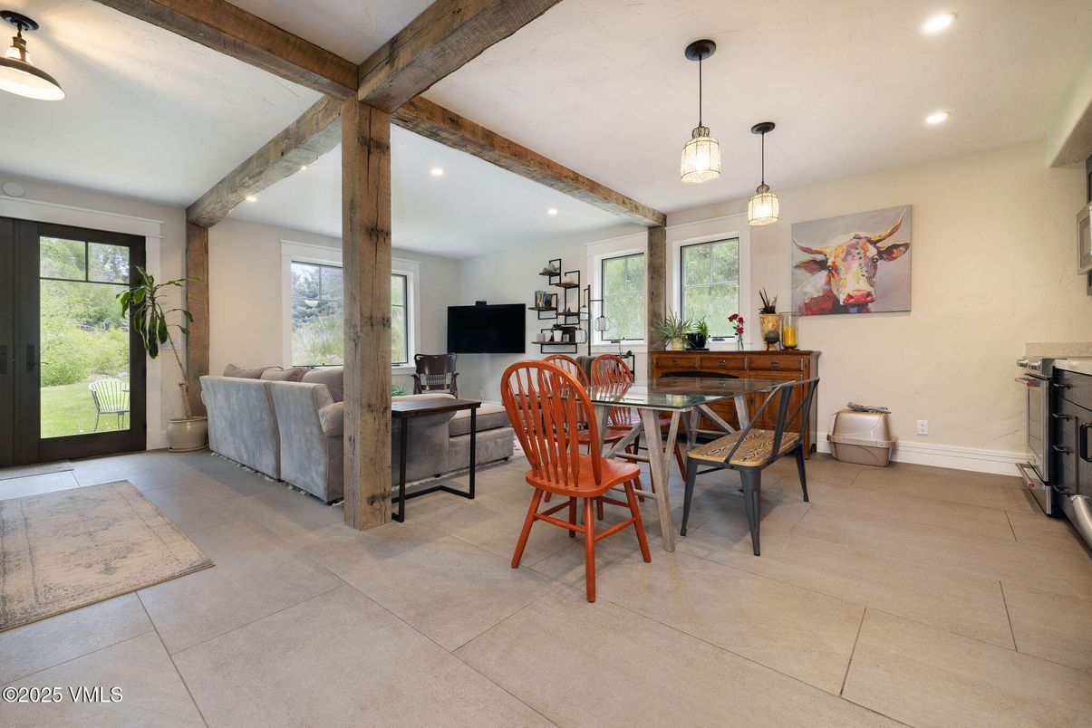 Dining room, Interior, Living room, Pendant Lights, Recessed Lighting, Wooden Beams