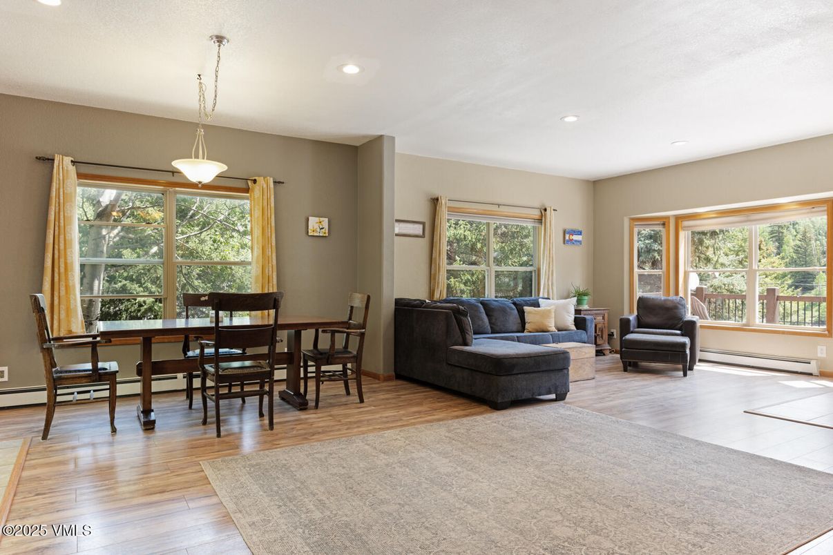 Dining room, Interior, Living room, Pendant Lights, Recessed Lighting, Wood Texture Flooring