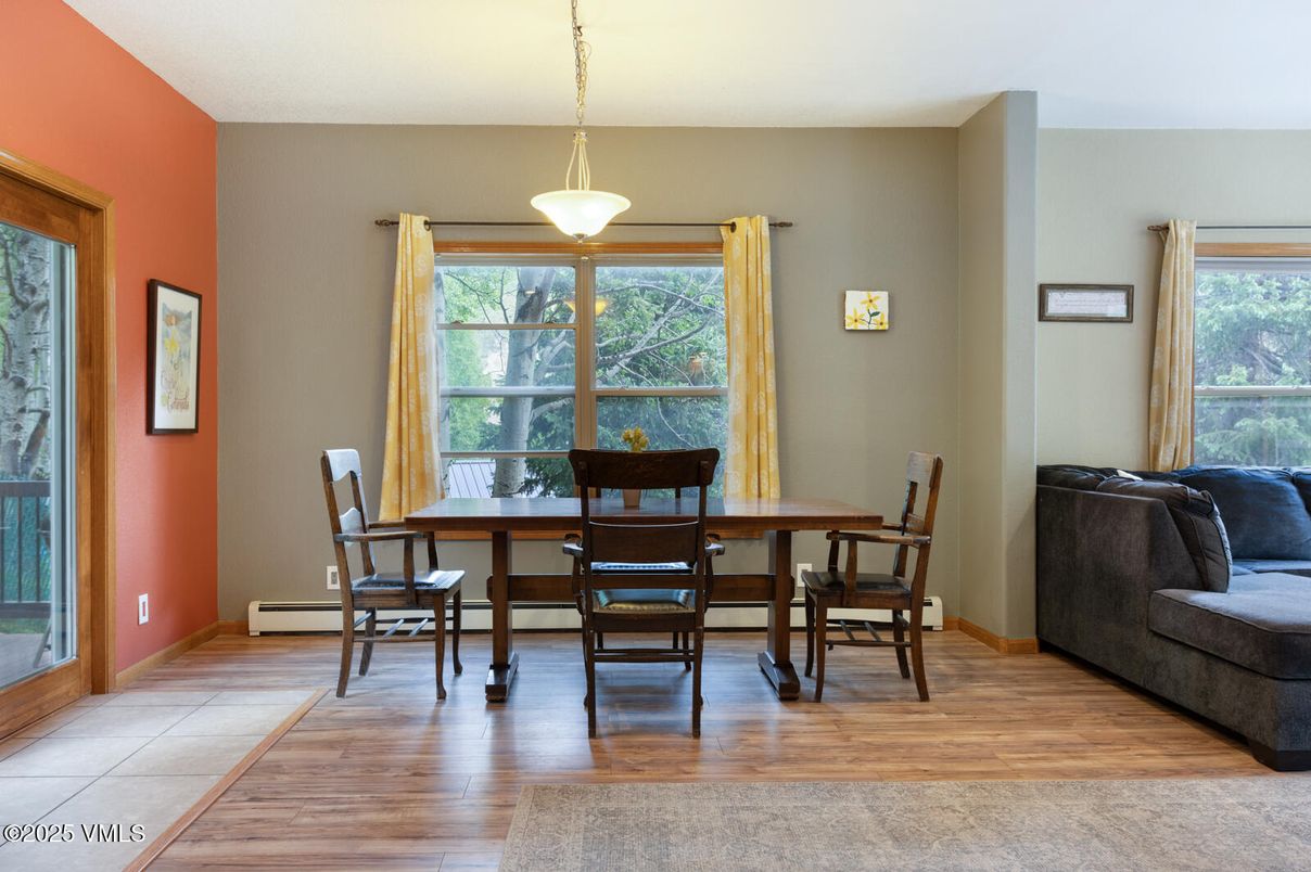 Dining room, Interior, Pendant Lights, Wood Texture Flooring