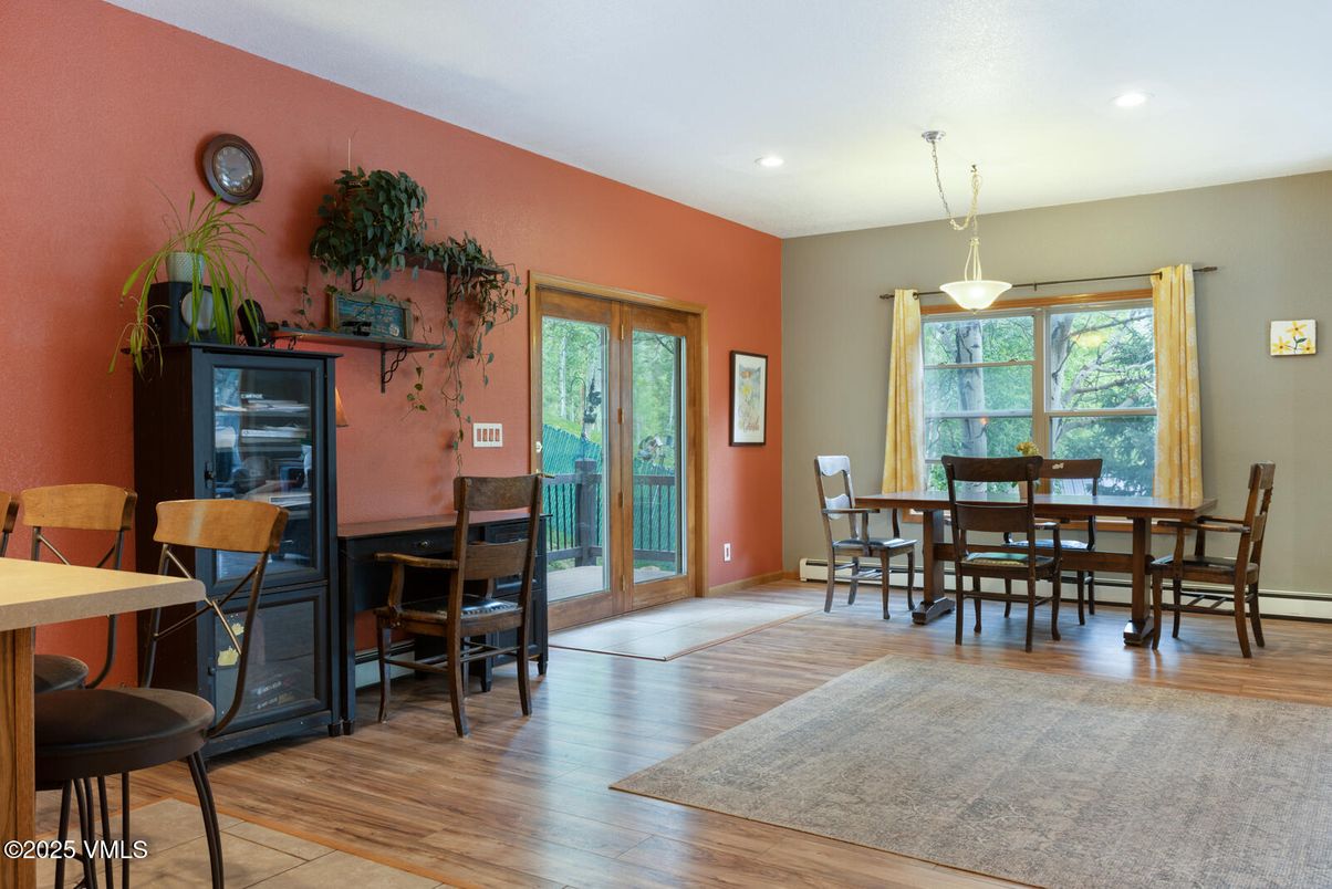 Dining room, Interior, Pendant Lights, Recessed Lighting, Wood Texture Flooring
