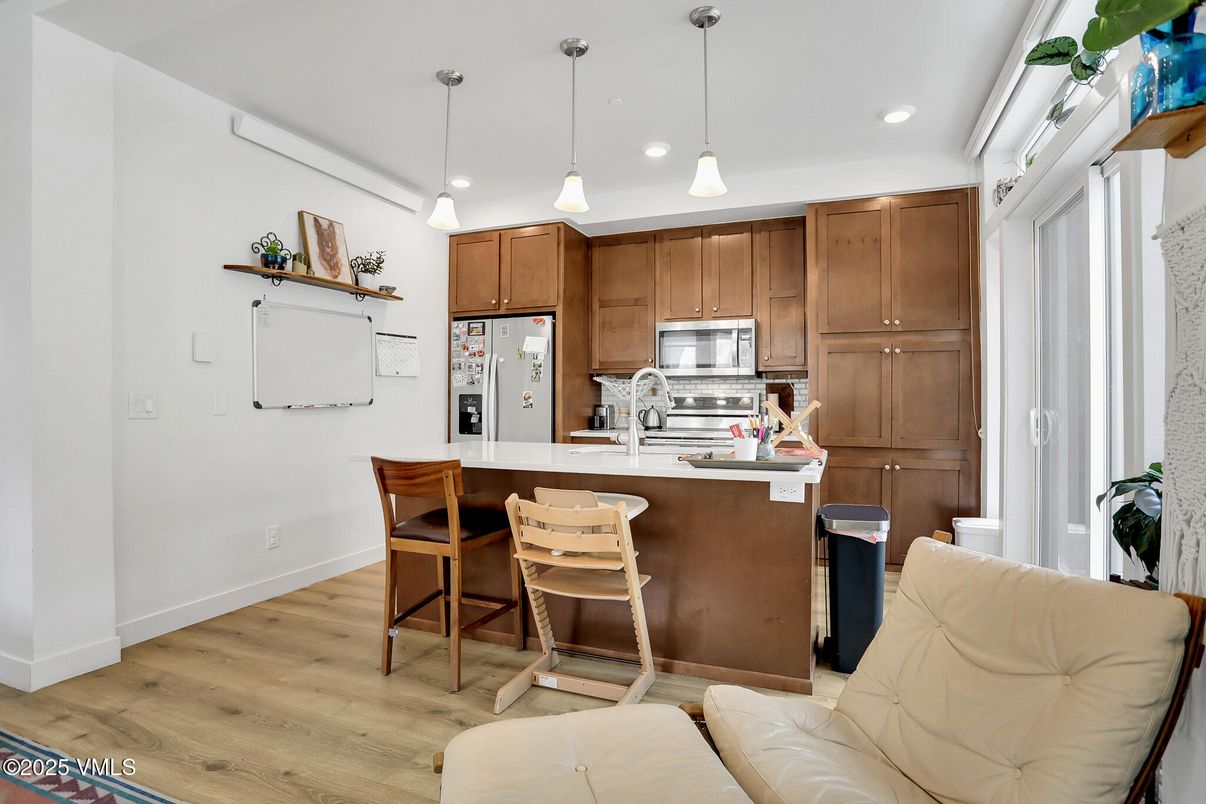 Interior, Kitchen, Pendant Lights, Recessed Lighting, Wood Texture Flooring