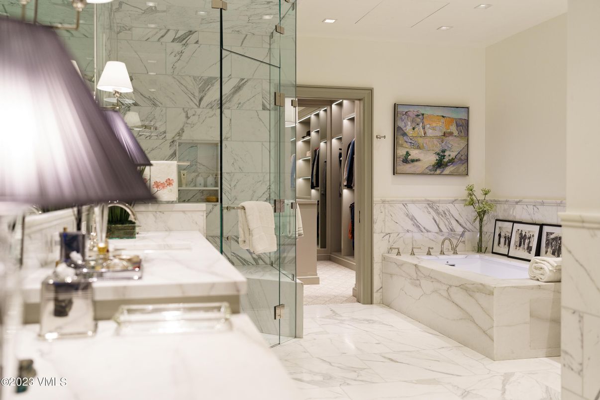Bathroom, Glass Shower, Interior, Marble, Marble Walls, Recessed Lighting
