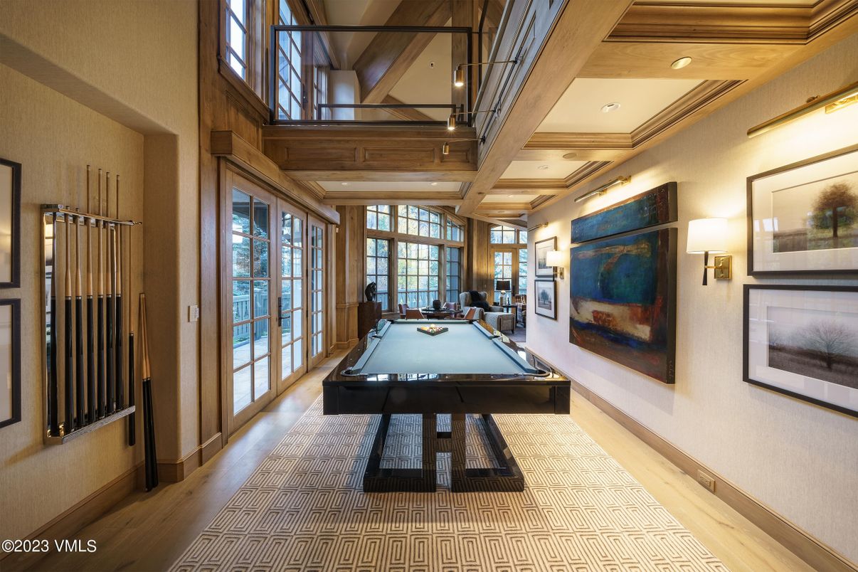 Billiard Table, Game Room, Interior, Recessed Lighting, Wooden Beams, Wood Texture Flooring
