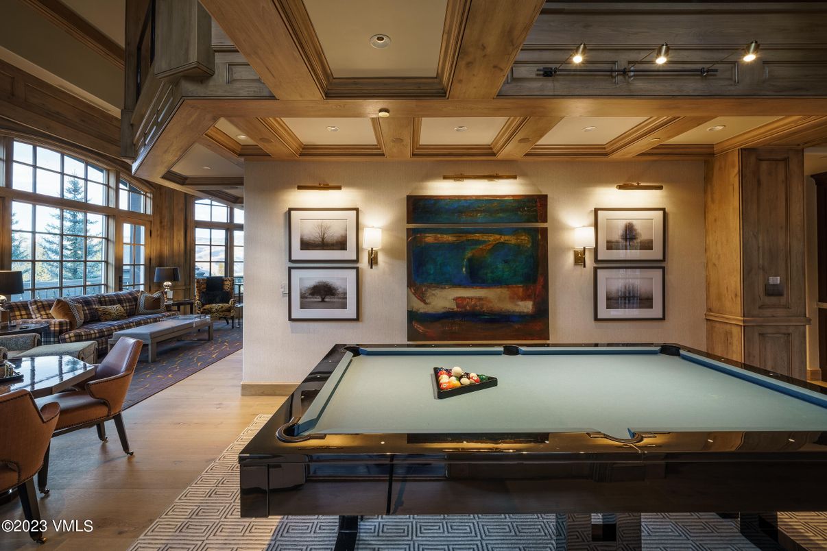 Billiard Table, Game Room, Interior, Living room, Recessed Lighting, Wooden Beams, Wood Texture Flooring