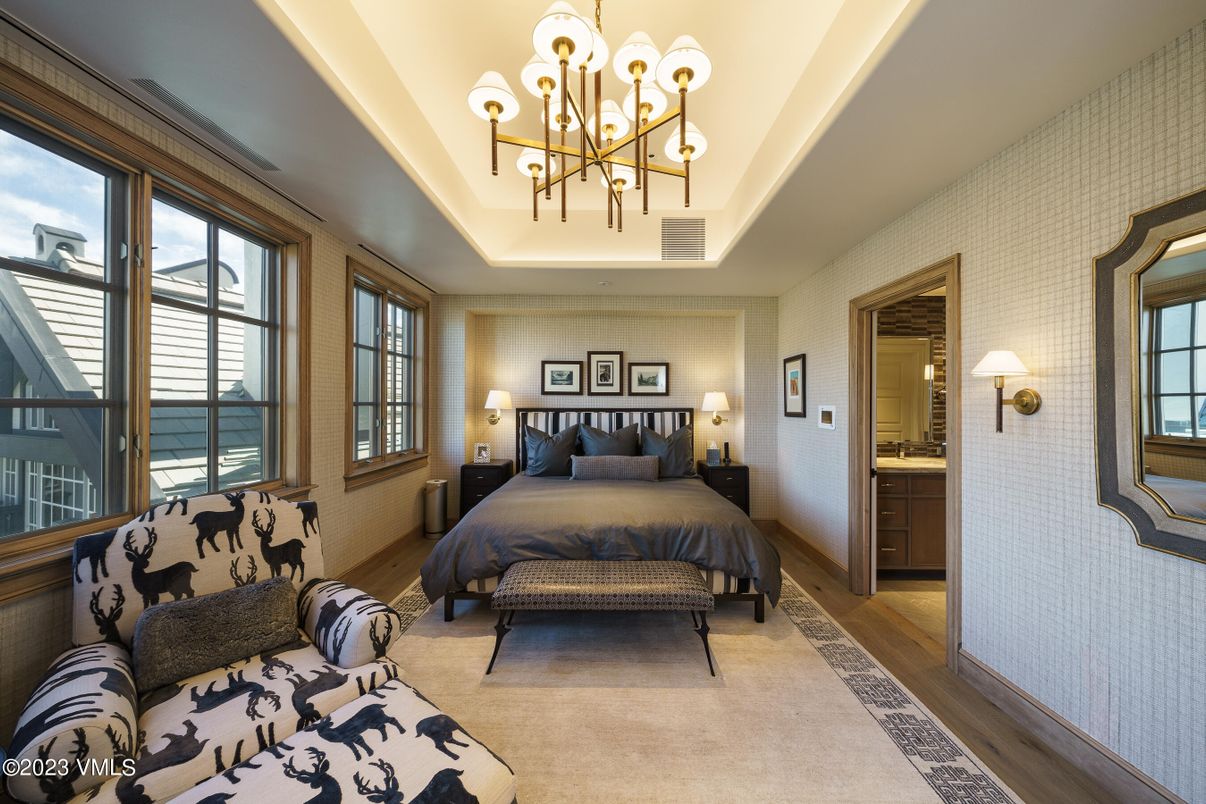 Bedroom, Chandelier, Interior, Wood Texture Flooring