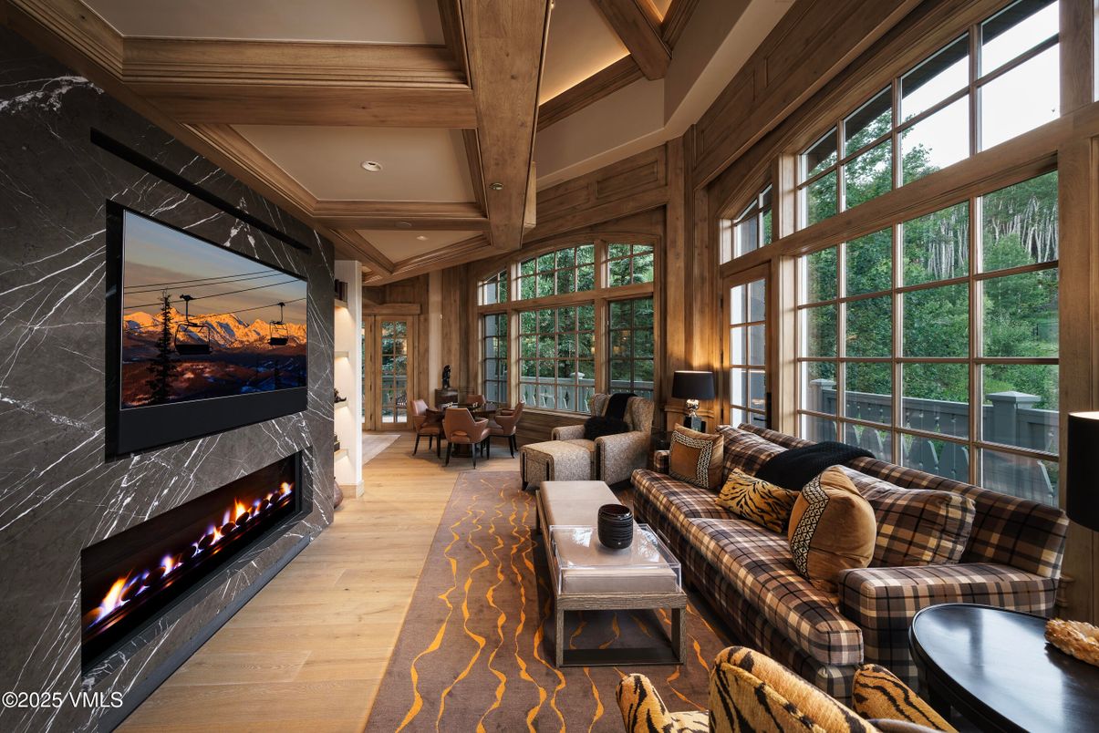 Fireplace, Interior, Living room, Recessed Lighting, Wooden Beams, Wood Texture Flooring