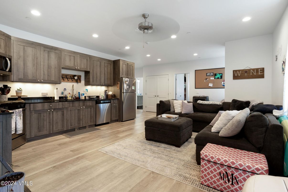 Interior, Kitchen, Living room, Recessed Lighting, Stainless Steel Appliances, Wood Texture Flooring