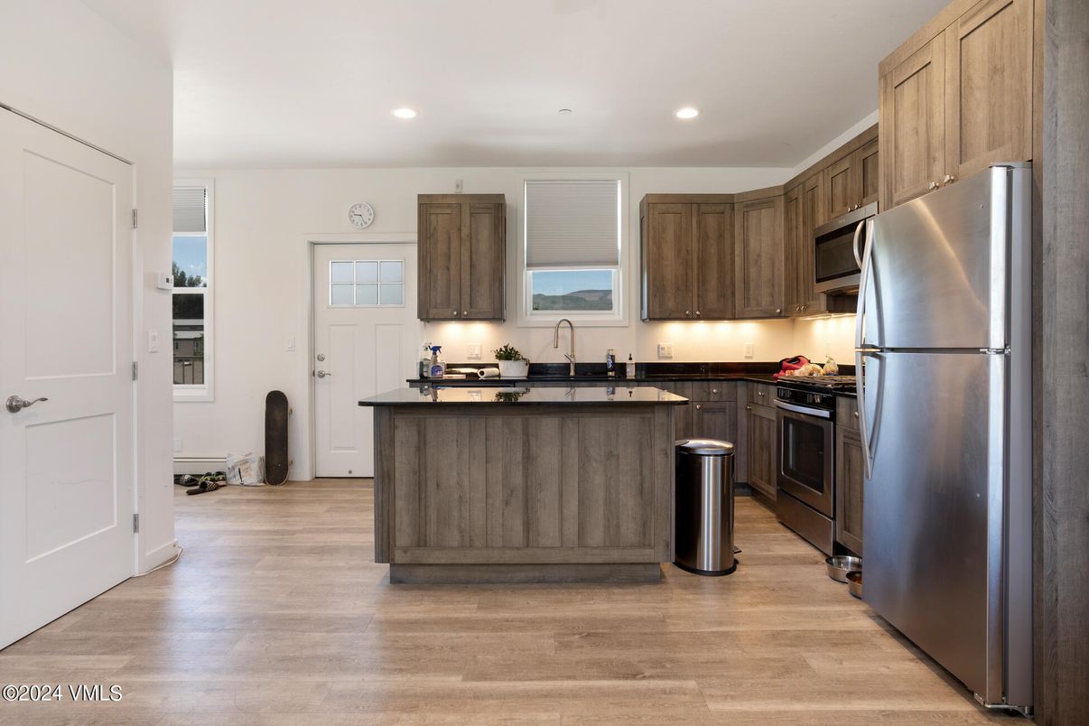 Interior, Kitchen, Recessed Lighting, Stainless Steel Appliances, Wood Texture Flooring
