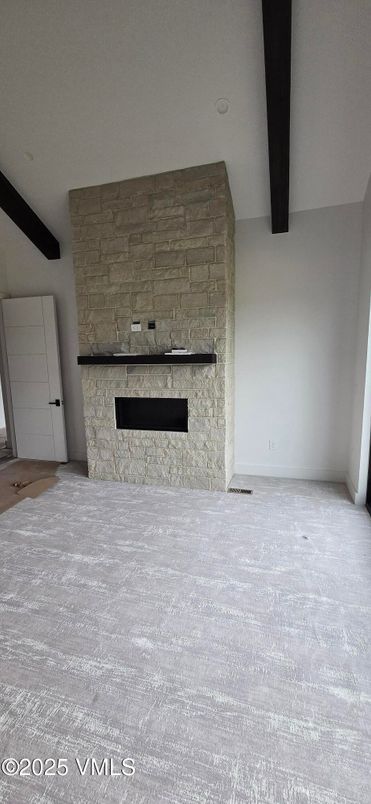 Empty room, Fireplace, Interior, Stone Walls, Wooden Beams