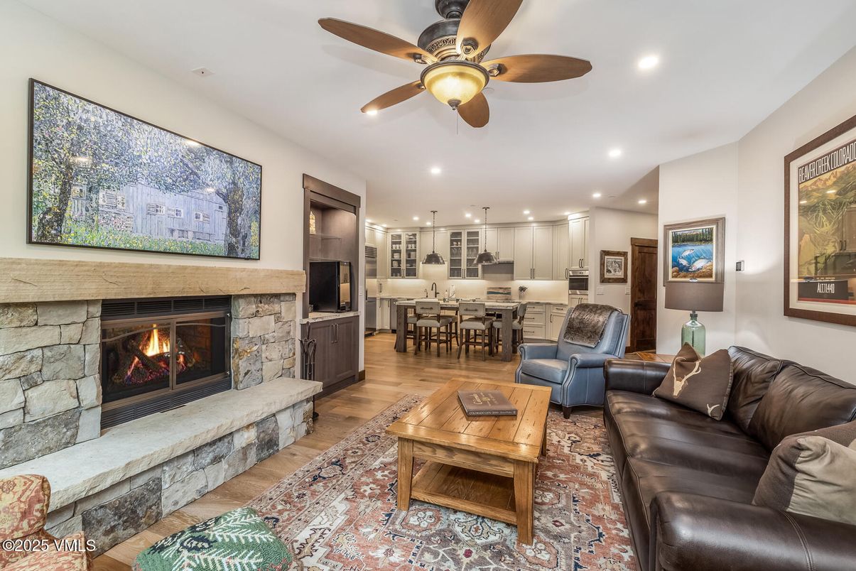 Dining room, Fireplace, Interior, Kitchen, Living room, Pendant Lights, Recessed Lighting, Wood Texture Flooring