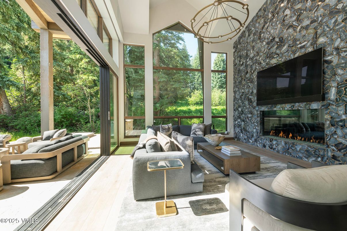 Fireplace, Interior, Living room, Stone Walls, Sun Room, Wood Texture Flooring