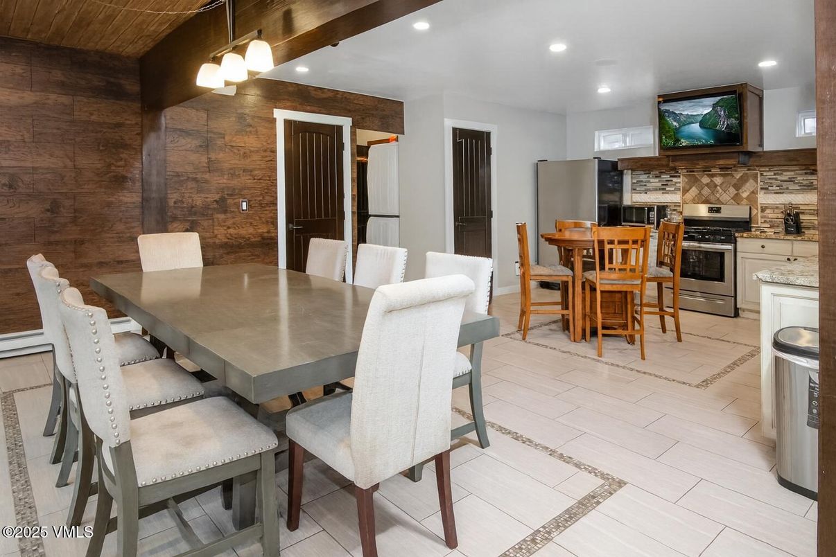 Dining room, Fireplace, Interior, Kitchen, Pendant Lights, Recessed Lighting, Wooden Walls