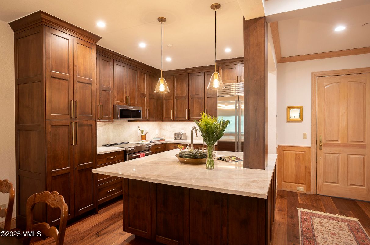 Interior, Kitchen, Pendant Lights, Recessed Lighting, Stainless Steel Appliances, Wood Texture Flooring